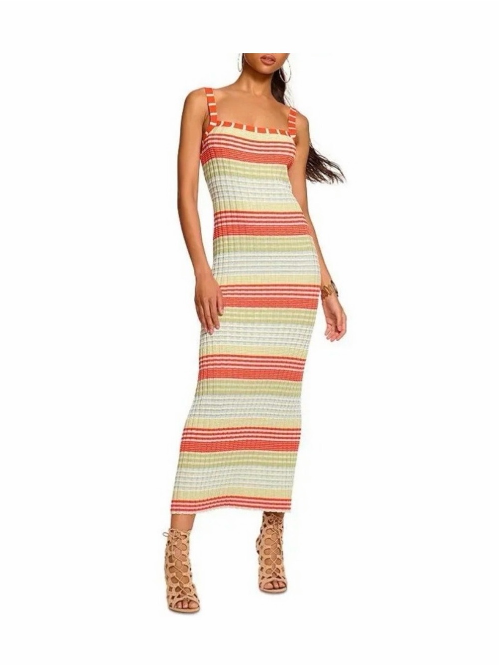 Ramy Brook Striped Knit Midi Dress in Coral and Cream